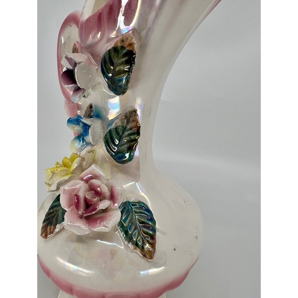 Vintage Ceramic Pitcher Vase Luster Ware Flowers Glazed Footed - Picture 11 of 12